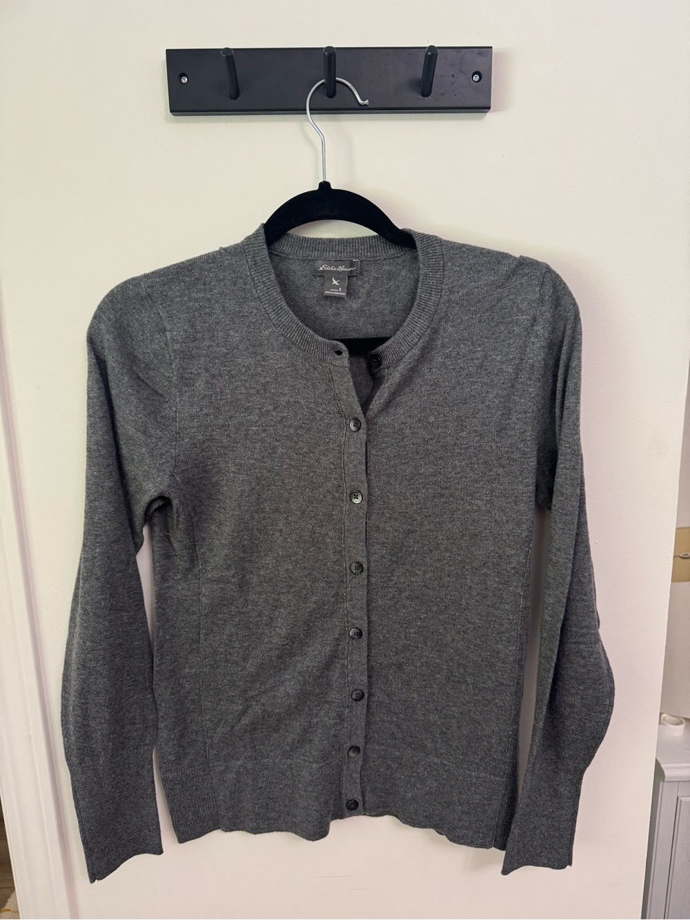 Eddie Bauer Classic Button-Front Crewneck Cardigan in Charcoal Gray